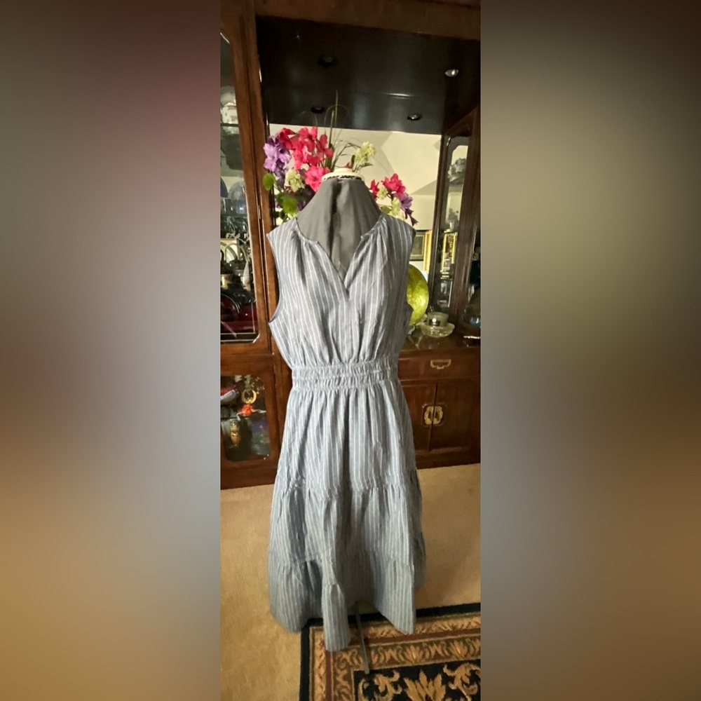 Sleeveless Blue White Striped Cotton Midi Dress